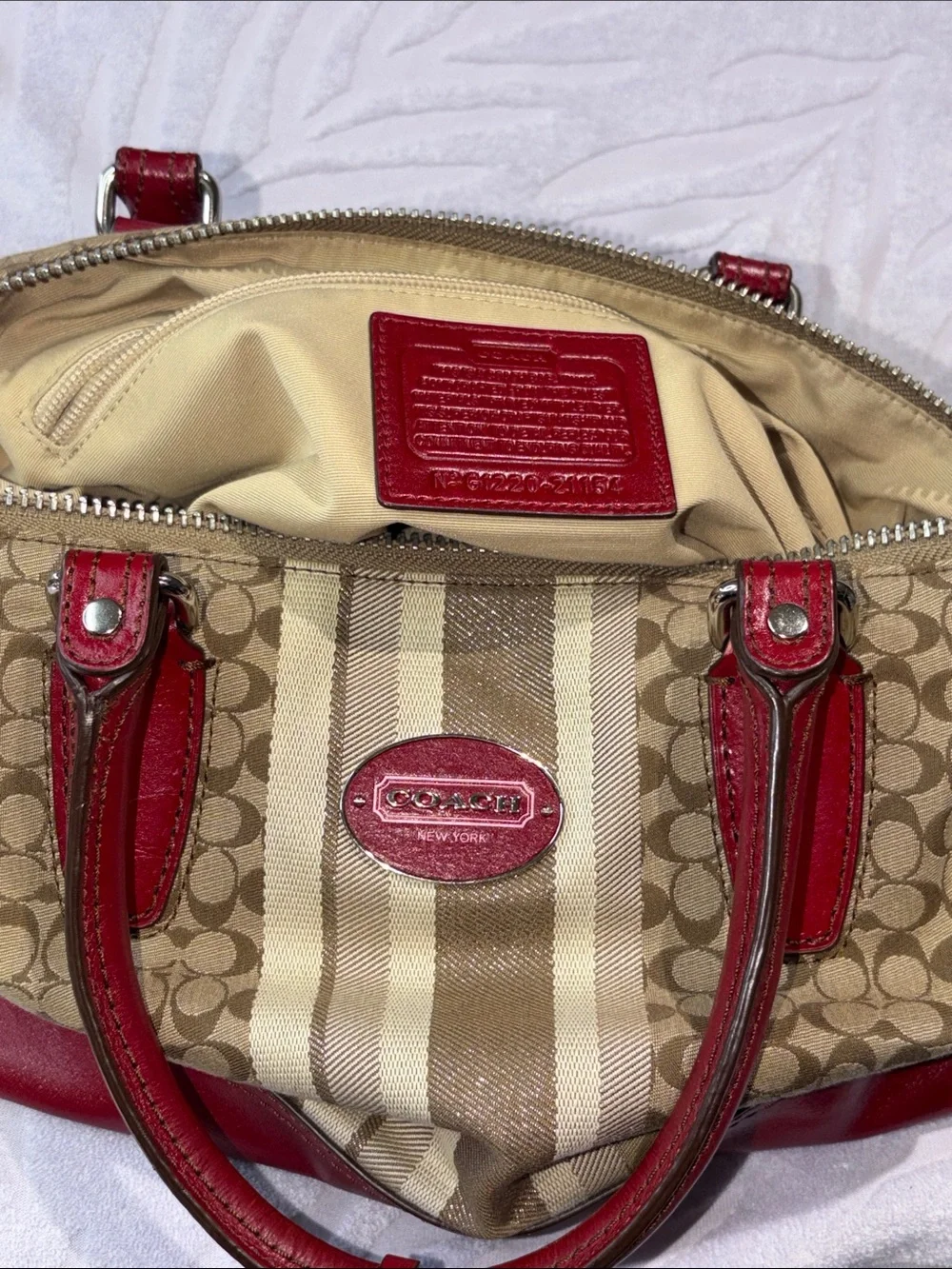Coach Khaki Signature Stripe Satchel with Red Leather Trim
